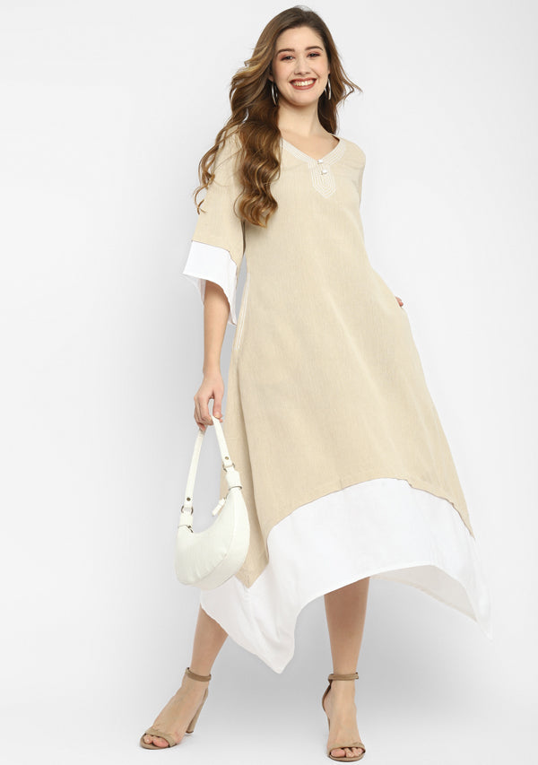 Beige and White Layered Side Tail Cotton Dress