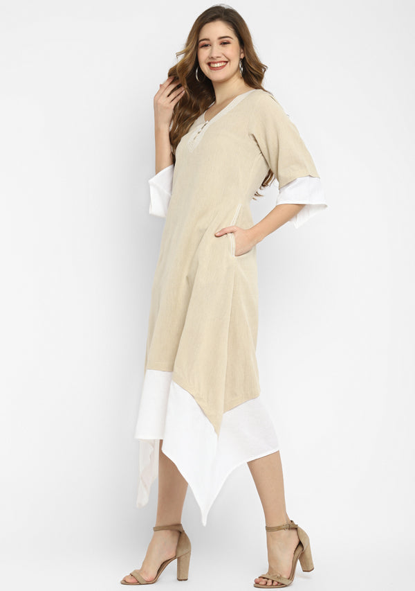 Beige and White Layered Side Tail Cotton Dress