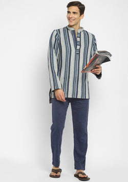 Flannel Blue Grey Striped Shirt and Cotton Pyjamas For Men