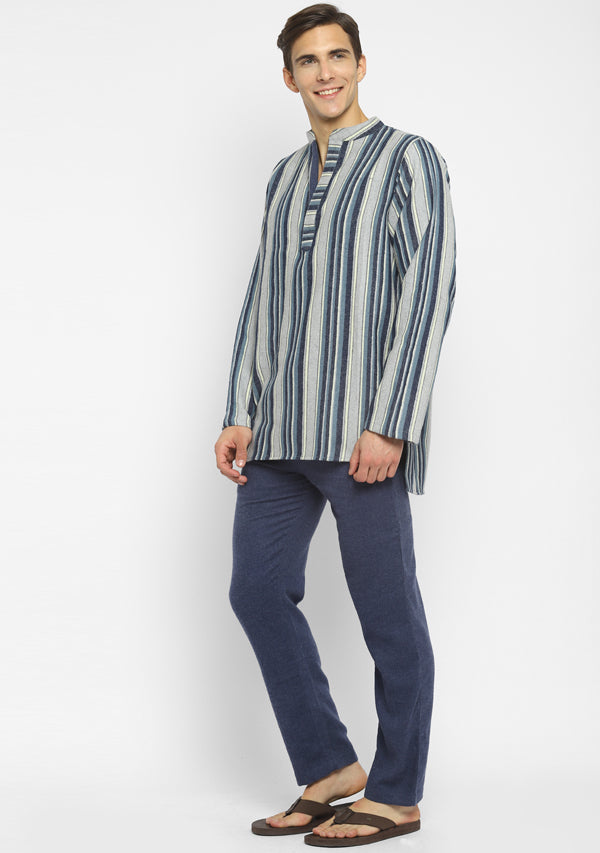 Flannel Blue Grey Striped  Shirt and Pyjamas For Men