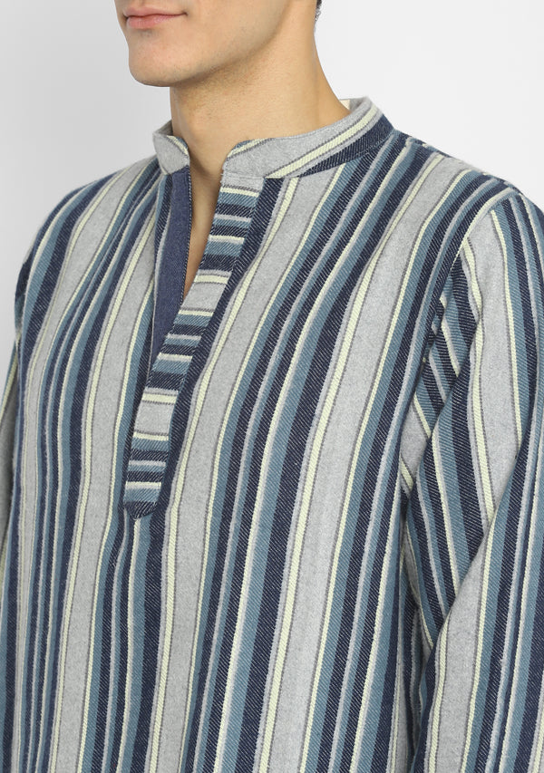 Flannel Blue Grey Striped Shirt and Cotton Pyjamas For Men