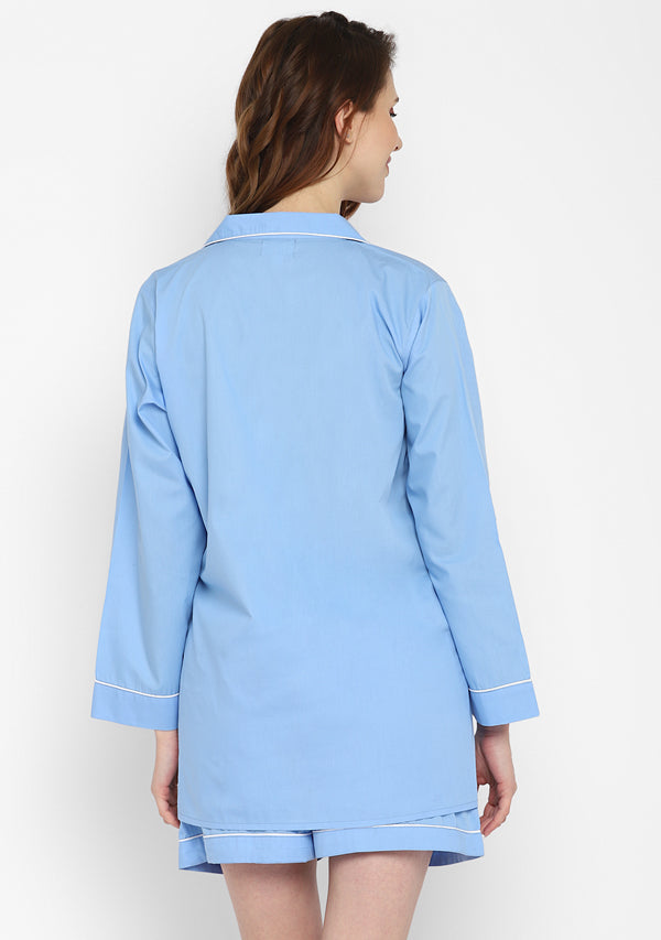 Blue Collared Long Sleeve Cotton Night Suit paired  with Shorts