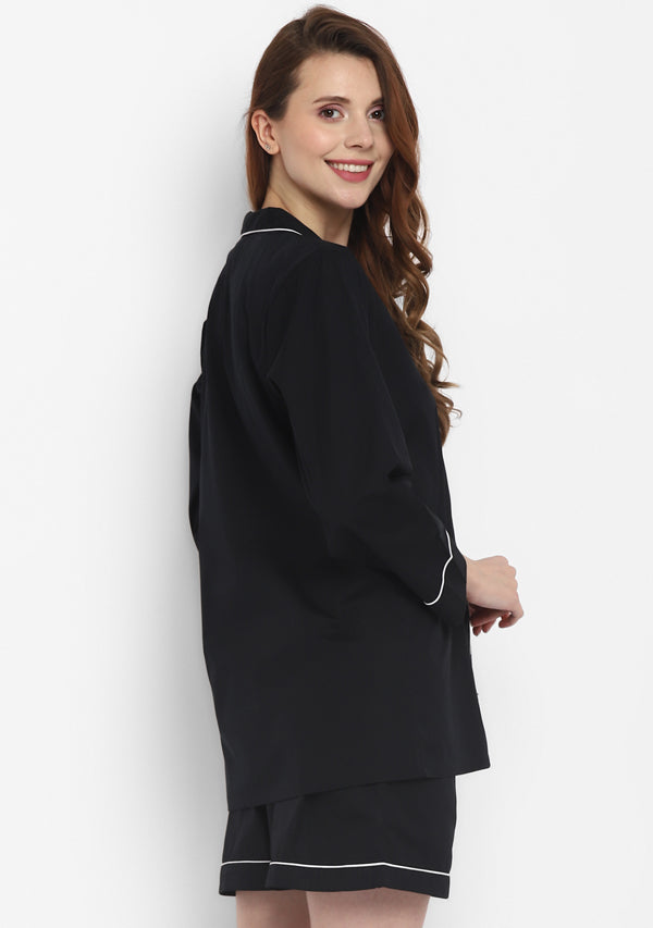Black Collared Long Sleeve Cotton Shirt paired with Shorts