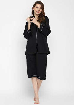 Black Collared Long Sleeve Cotton Night Suit paired with Capris
