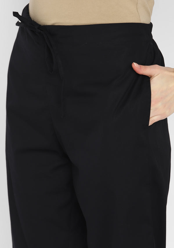 Black Collared Long Sleeve Cotton Night Suit paired with Capris