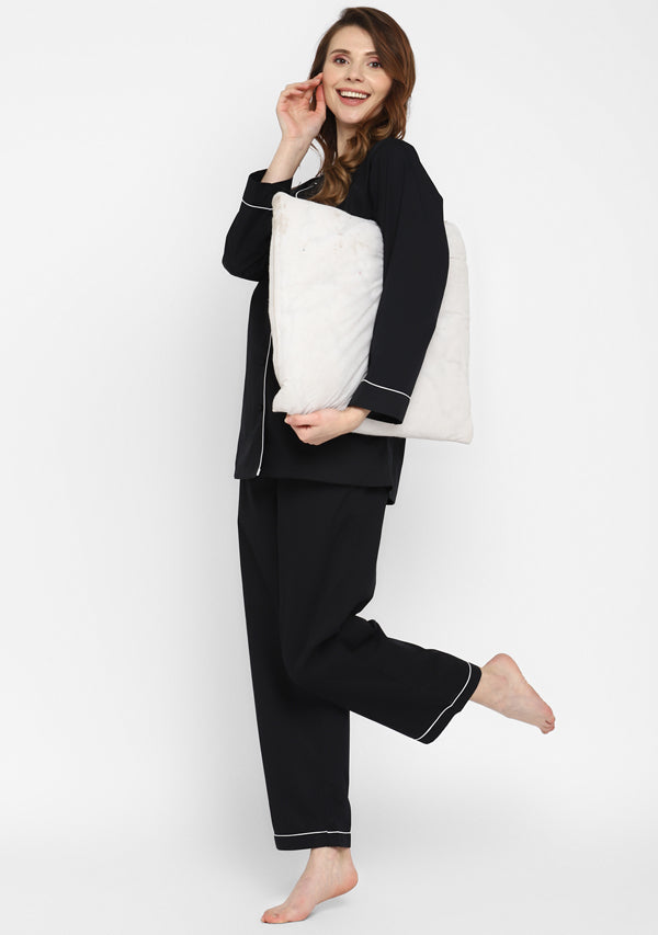 Black Collared Long Sleeve Cotton Night Suit paired with Pyjamas