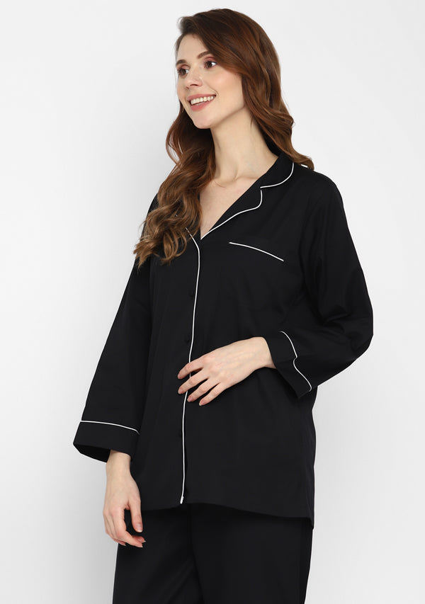 Black Collared Long Sleeve Cotton Night Suit paired with Pyjamas