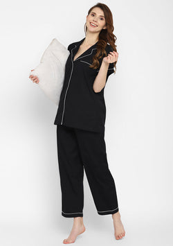 Black Collared Short Sleeve Cotton Night Suit paired  with Pyjamas