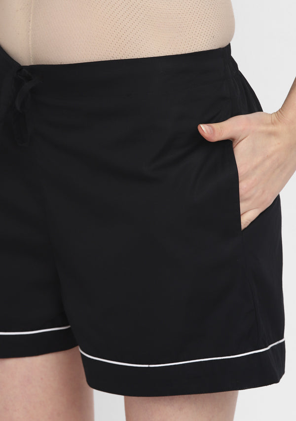 Black Collared Short Sleeve Cotton Shorts Set