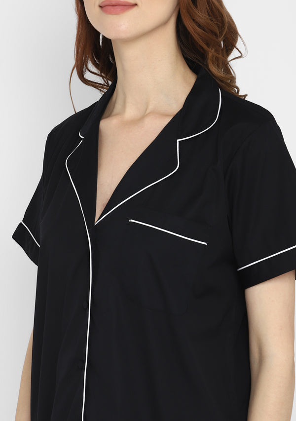 Black Collared Short Sleeve Cotton Night Suit paired  with Capris