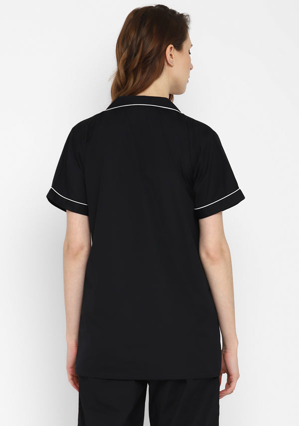 Black Collared Short Sleeve Cotton Night Suit paired  with Pyjamas