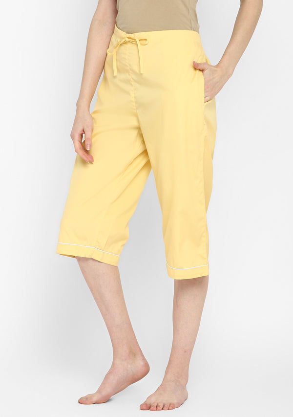 Soft Yellow Collared Long Sleeve Cotton Night Suit paired  with Capris