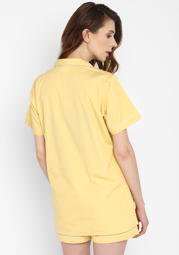 Soft Yellow Collared Short Sleeve Cotton Night Suit paired  with Shorts