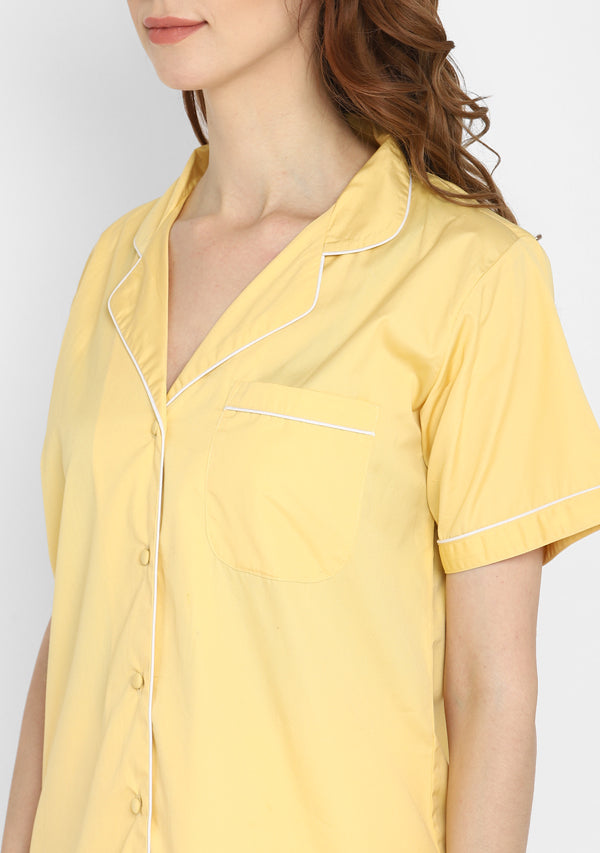 Soft Yellow Collared Short Sleeve Cotton Night Suit paired  with Shorts