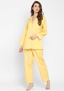 Soft Yellow Collared Long Sleeve Cotton Night Suit paired  with Pyjamas
