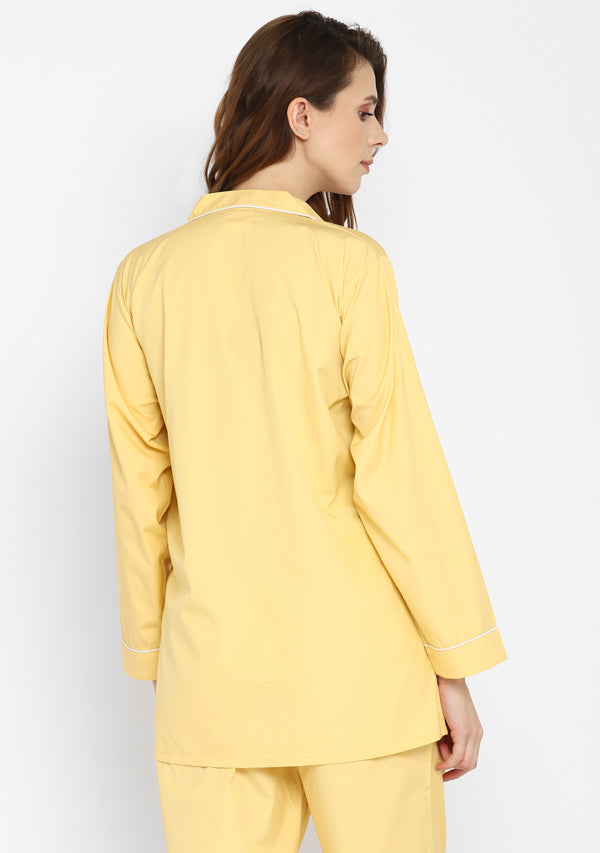 Soft Yellow Collared Long Sleeve Cotton Night Suit paired  with Pyjamas