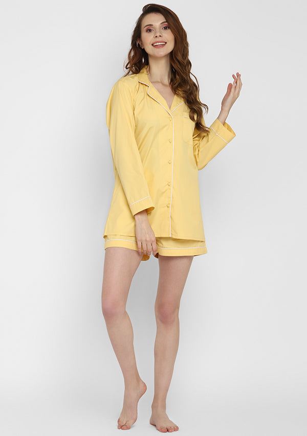 Soft Yellow Collared Long Sleeve Cotton Night Suit paired  with Shorts