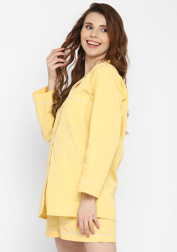 Soft Yellow Collared Long Sleeve Cotton Night Suit paired  with Shorts