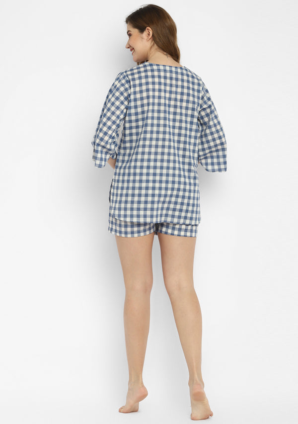 Blue White Checked Cotton Shorts with Top