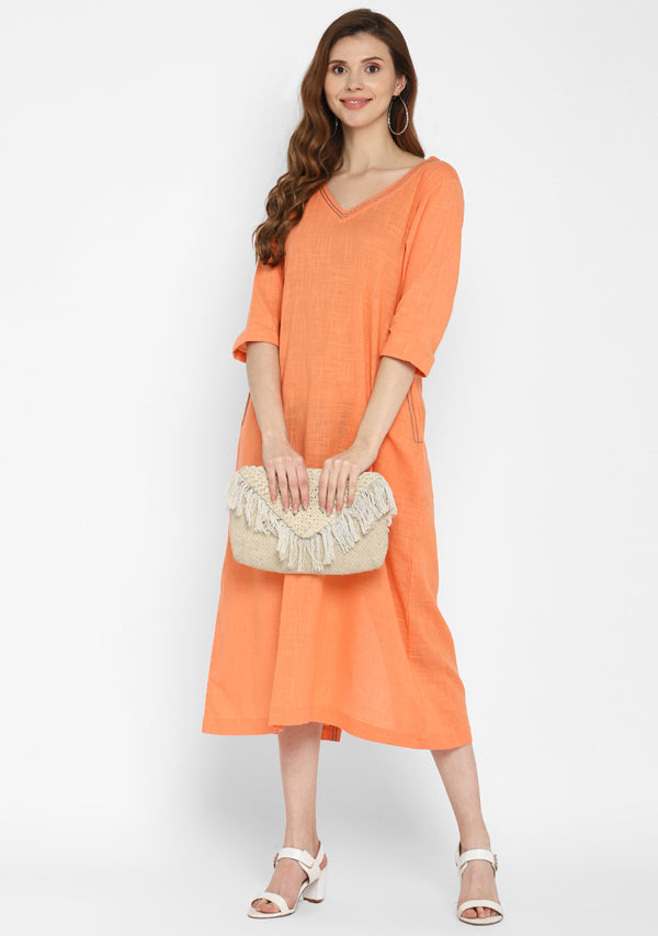 Peach V-Neck Cotton Dress with Pockets