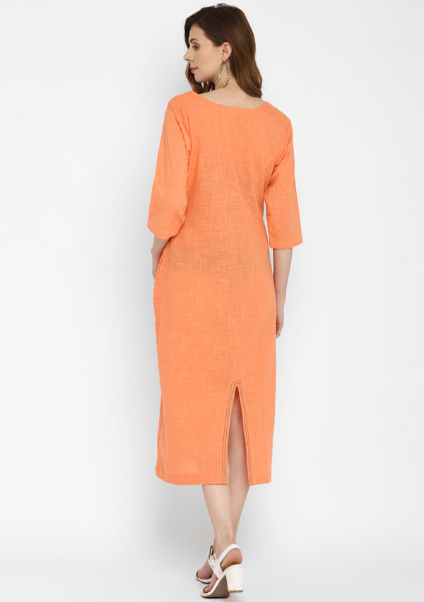 Peach V-Neck Cotton Dress with Pockets