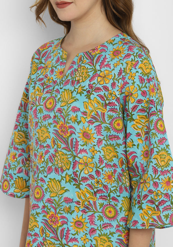 Turquoise Yellow Floral Hand Block Printed Cotton Night Suit
