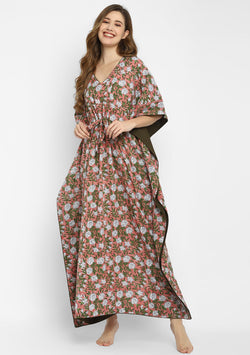 Peach Green Floral Hand Block Printed V-Neck Cotton Kaftan with Side Trimmings