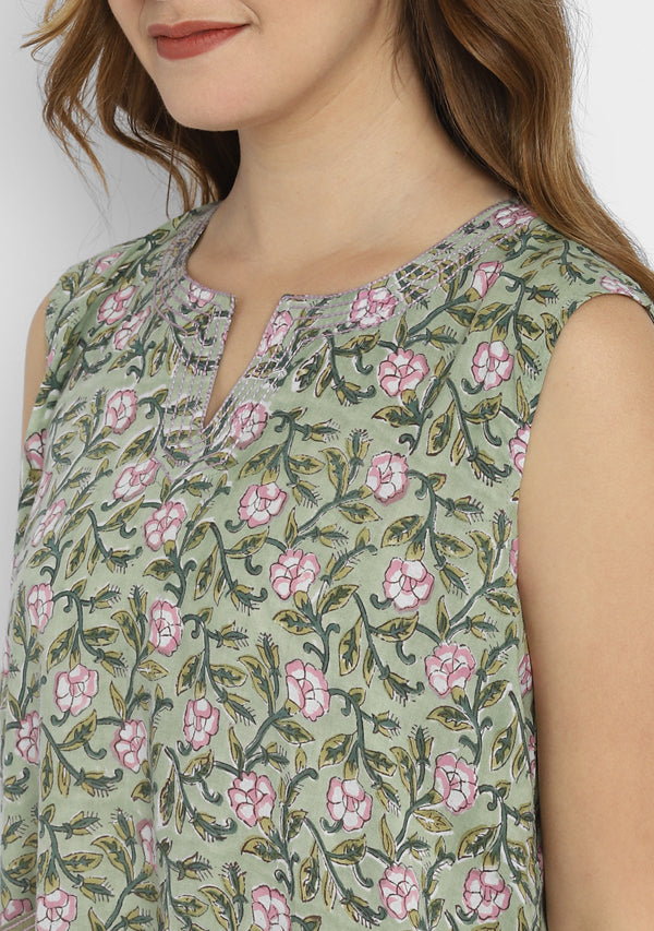 Sea Green Pink Floral Hand Block Printed Sleeveless Nighty with Pocket Detail