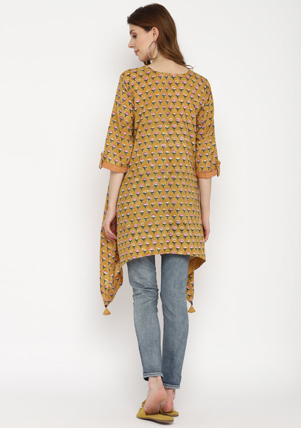Mustard Pink Hand Block Printed Asymmetric Tunic with Contrast Stitch lines  and Tassels