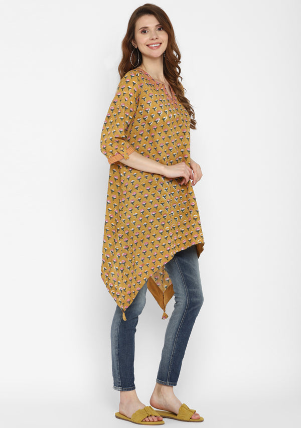 Mustard Pink Hand Block Printed Asymmetric Tunic with Contrast Stitch lines  and Tassels