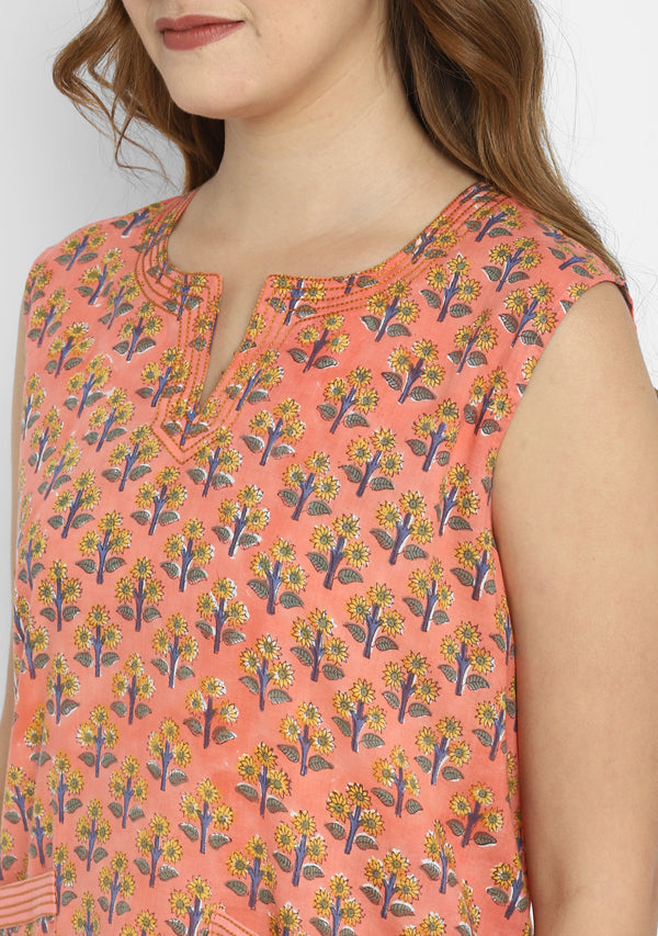 Peach Yellow Flower Motif Hand Block Printed Sleeveless Nighty Dress with Pockets Details