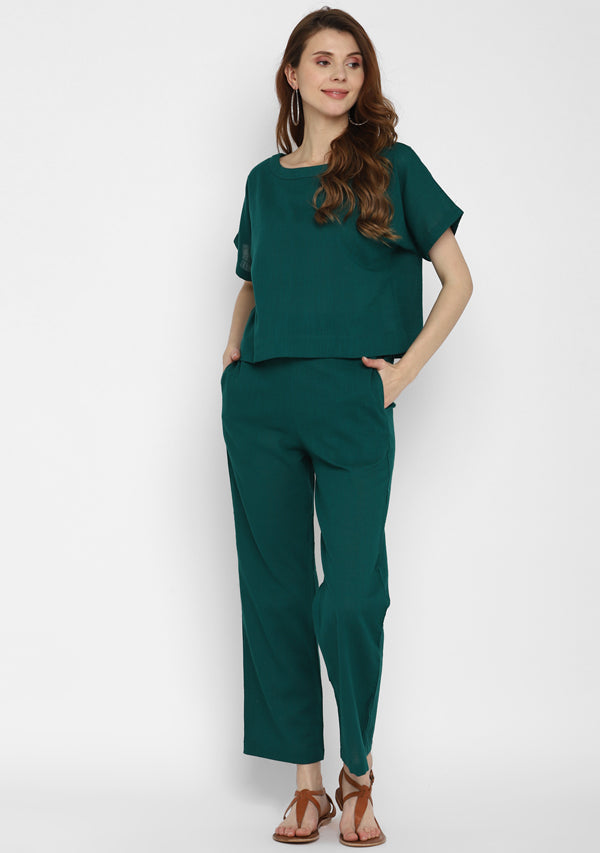 Emerald Green Crop Top paired with matching Cotton Pants