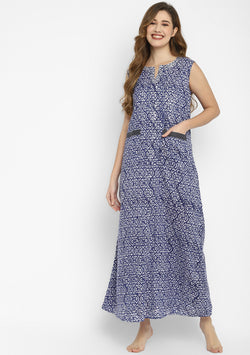 Navy Blue White Hand Block Printed Sleeveless Nighty Dress with Pockets Details