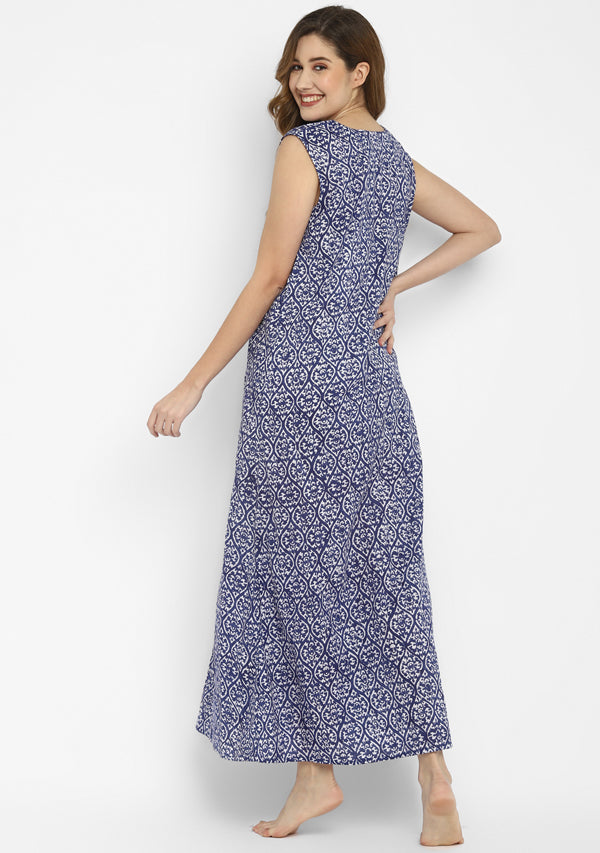 Navy Blue White Hand Block Printed Sleeveless Nighty Dress with Pockets Details