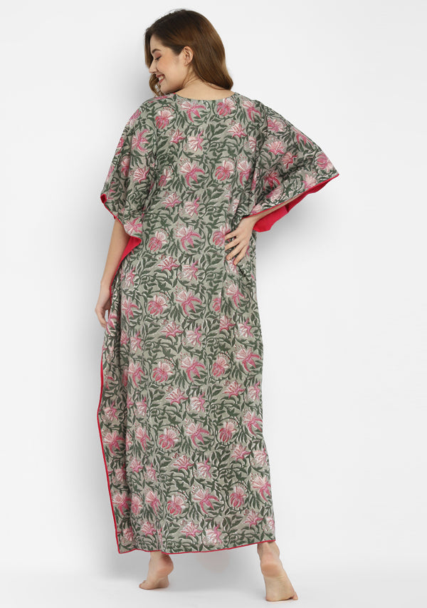 Grey Fuchsia Floral Hand Block Printed V-Neck Cotton Kaftan with Side Trimmings