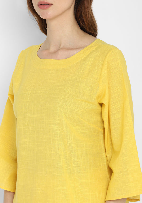 Yellow Cotton Yoga Wear With Sleeves