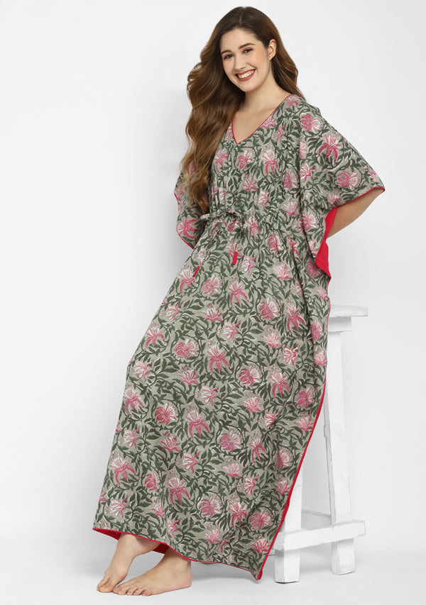 Grey Fuchsia Floral Hand Block Printed V-Neck Cotton Kaftan with Side Trimmings