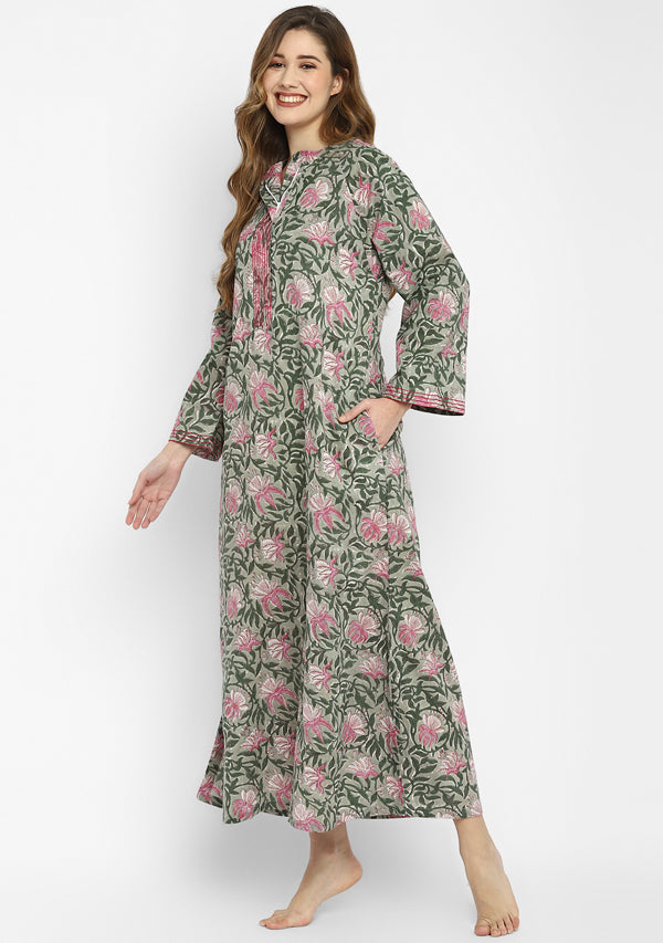 Grey Pink Hand Block Floral Printed Cotton Night Dress with Long Sleeves