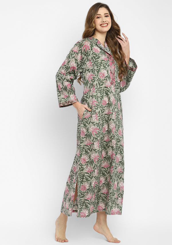 Grey Pink Hand Block Floral Printed Cotton Night Dress with Long Sleeves