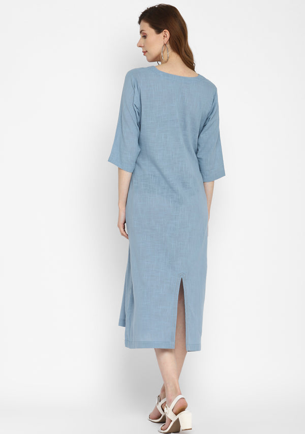 Smoke Blue V-Neck Cotton Dress with Pockets