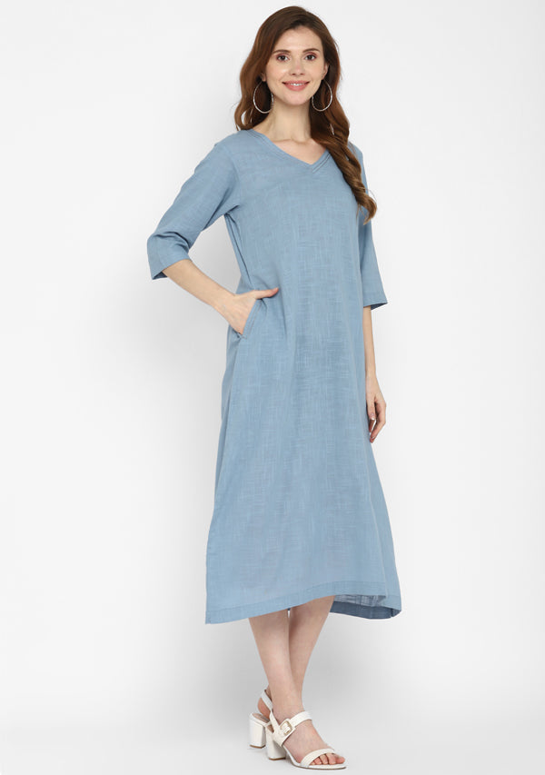 Smoke Blue V-Neck Cotton Dress with Pockets