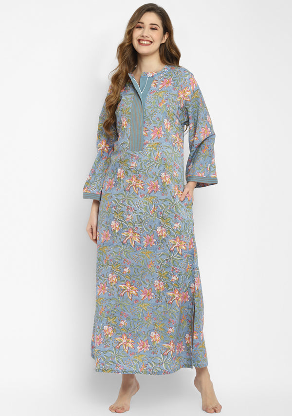 Smoke Blue Hand Block Floral Printed Cotton Night Dress with Long Sleeves