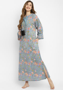 Smoke Blue Hand Block Floral Printed Cotton Night Dress with Long Sleeves