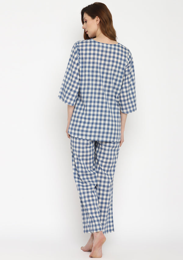Blue White Checked Cotton Night Suit