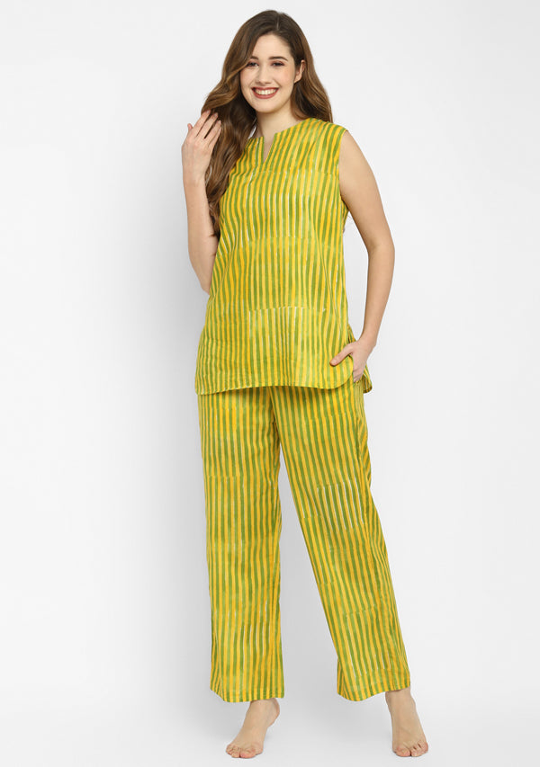Yellow Green Hand Block Striped Printed Sleeveless Cotton Night Suit