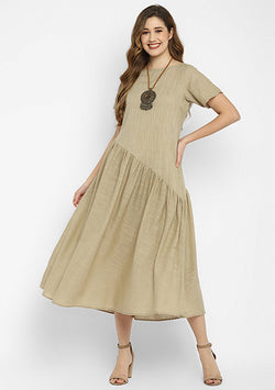 Beige Long Cotton Dress With Gathered Waistline