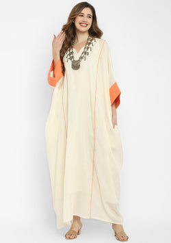 Off White And Peach Mulmul Kaftan With Cuff Sleeves And Contrast Trimmings with Slip