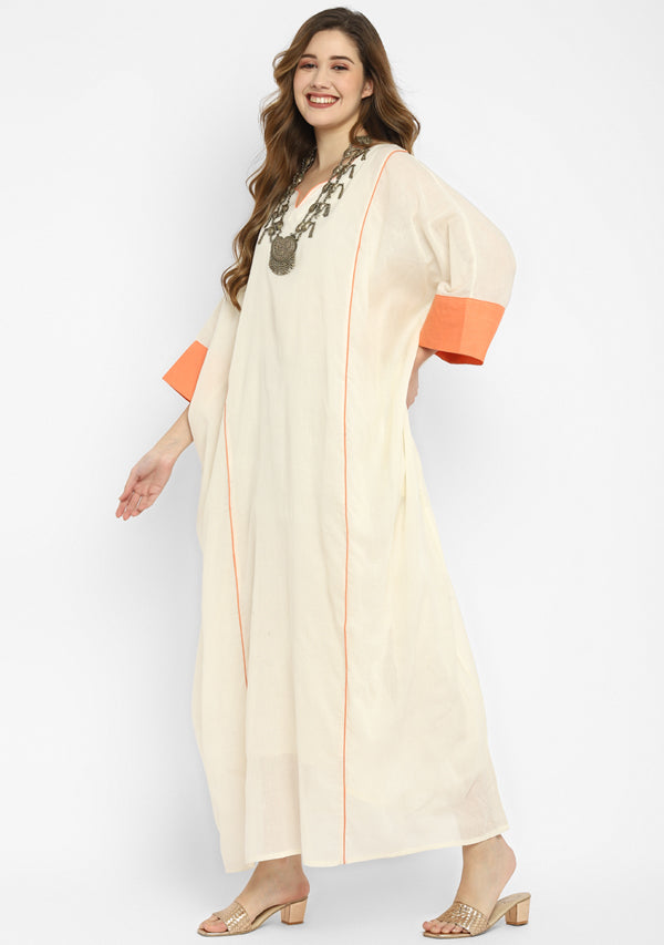 Off White And Peach Mulmul Kaftan With Cuff Sleeves And Contrast Trimmings with Slip