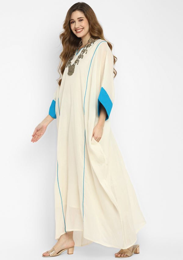 Off White And Turquoise Mulmul Kaftan With Cuff Sleeves And Contrast Trimmings with Slip