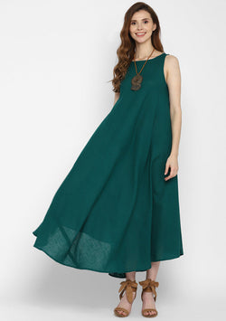 Emerald Green Sleeveless A-Line Long Cotton Dress